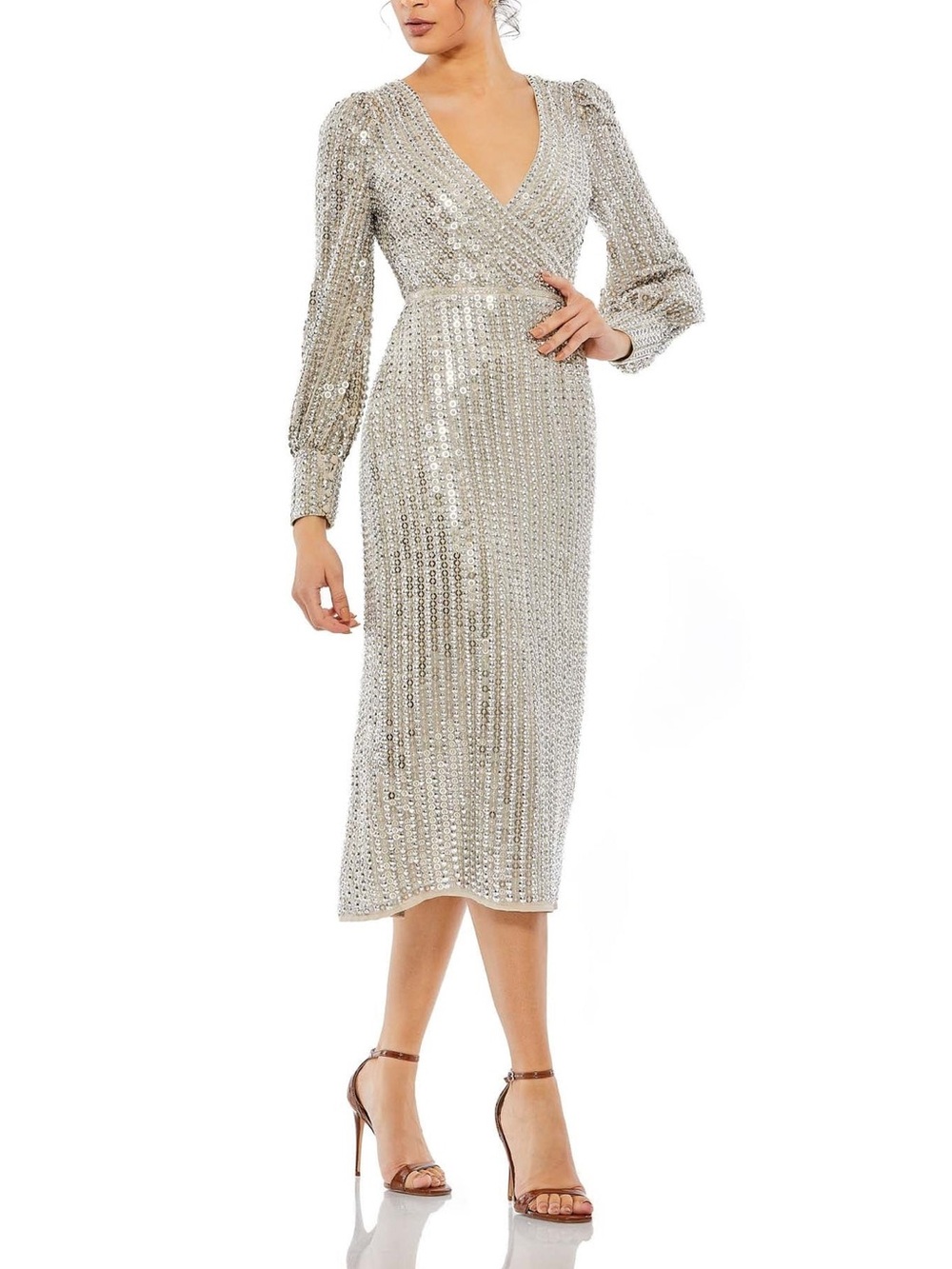 Mac Duggal 10809 Bishop Sleeve Embellished Midi Dress Size 10 - Picture 3 of 11